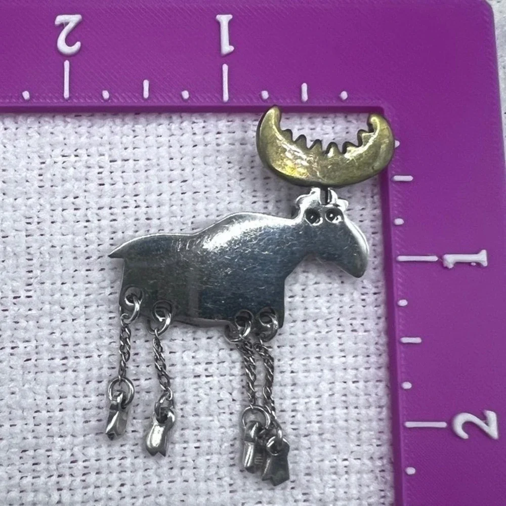 Vintage Mexico Sterling Silver Brass Brooch Pin Moose Articulated Artisan 2
